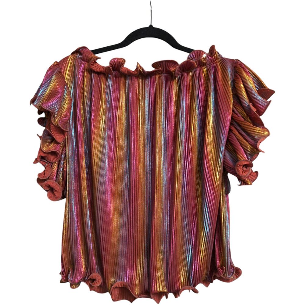 BURU Multicolor Metallic Striped Ruffled Sleeve Blouse Size XS S